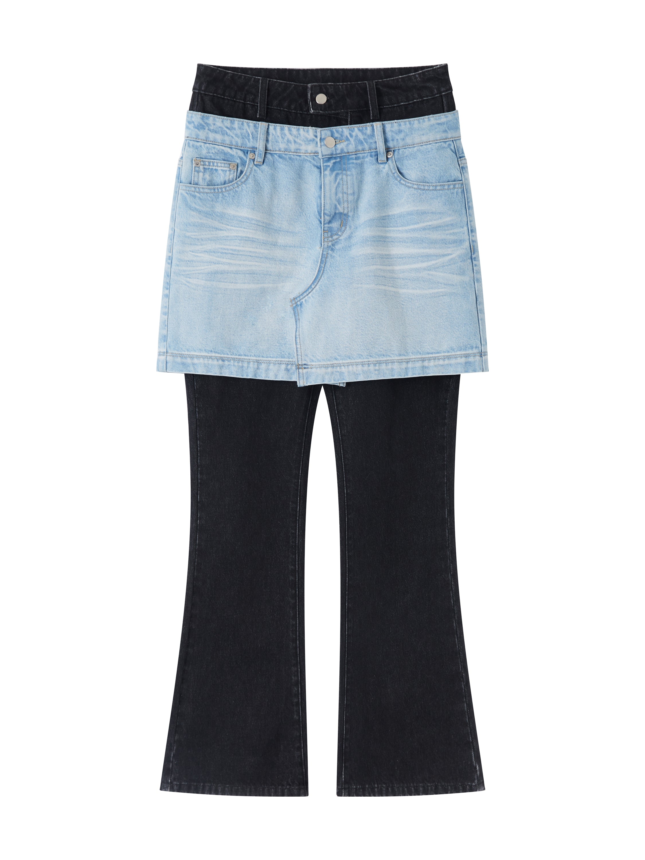 Color Block PatchworkFake Two-Piece Denim Flared Skirt Pants - CHINASQUAD