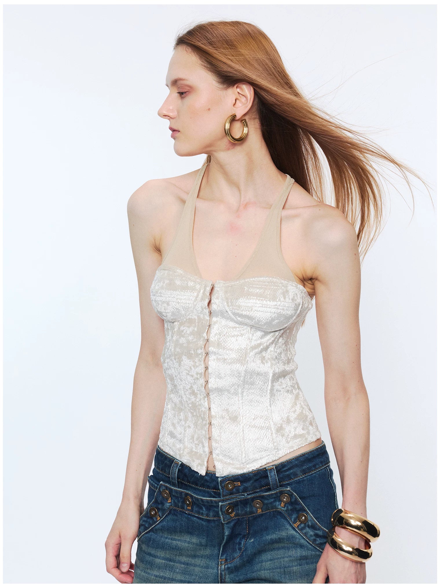 Plaid Mesh Panel Halter Corset