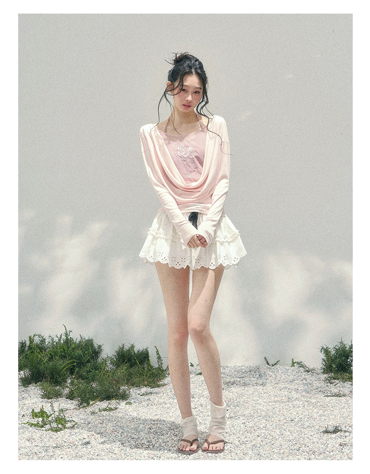 Rose Embroidery Draped Blouse Set