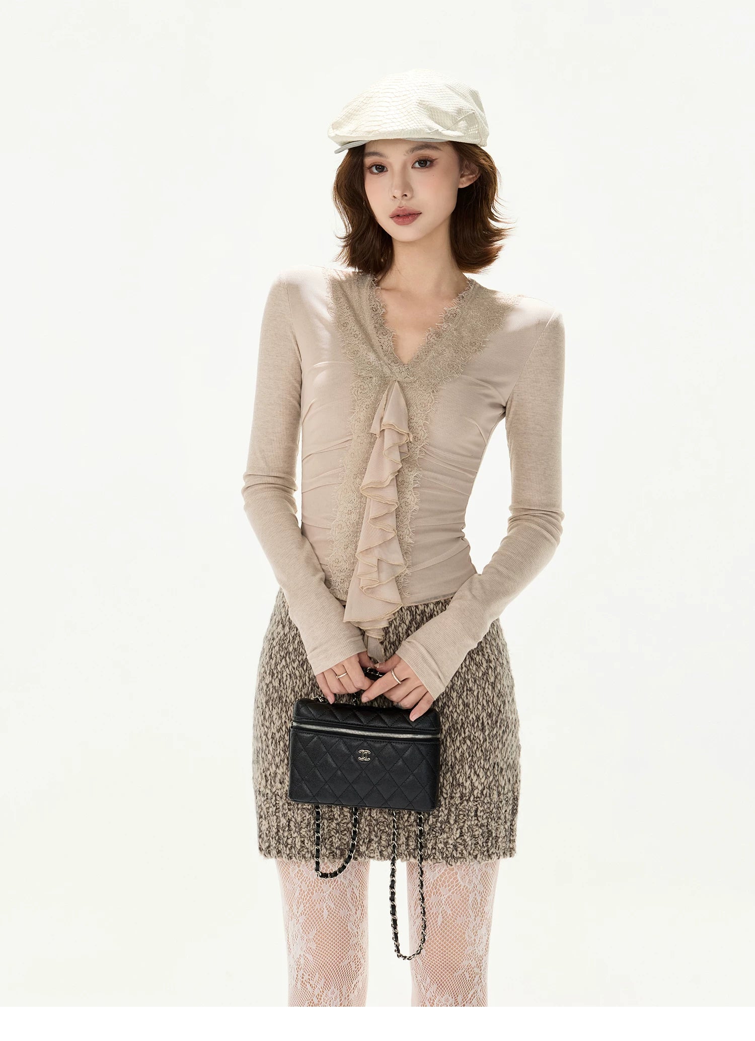 Elegant Lace Ruffle Knit V-Neck Top