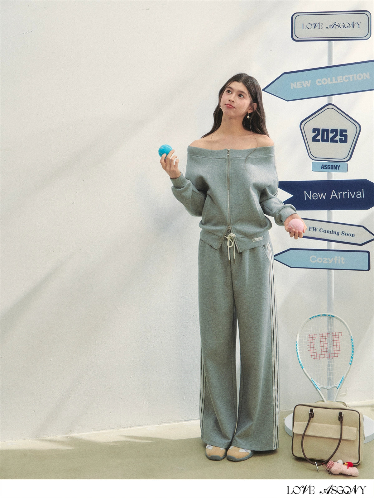 Off-Shoulder Zip-up Sweatshirt & Pants Set - CHINASQUAD