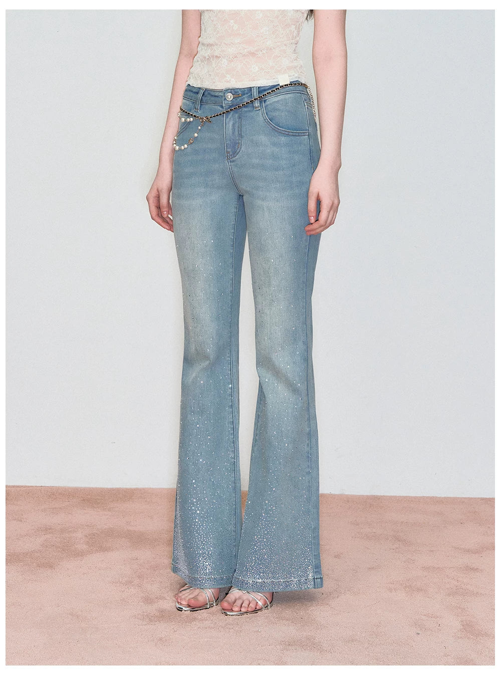 Crystal-Embellished Off-Shoulder Top & Flared Denim Jeans Set
