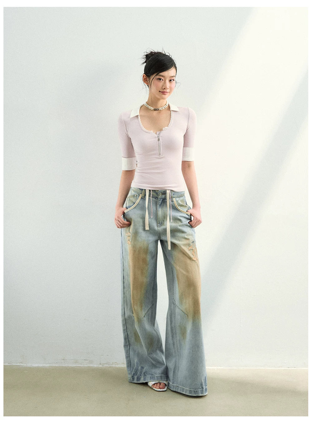 Lace Trim Half-Zip Knit Polo T-Shirts