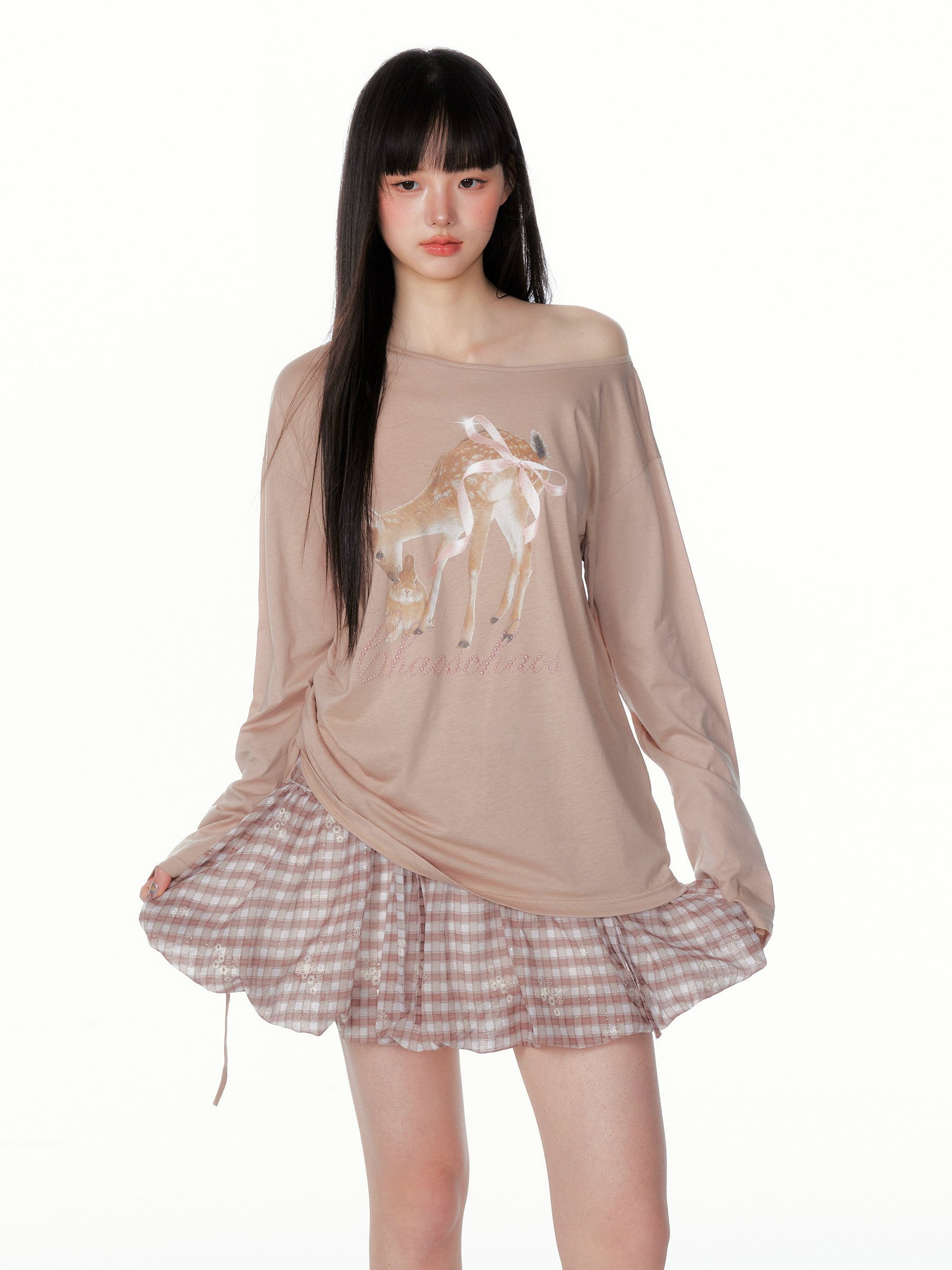 Asymmetric Deer Print Crystal-Embellished T-Shirt