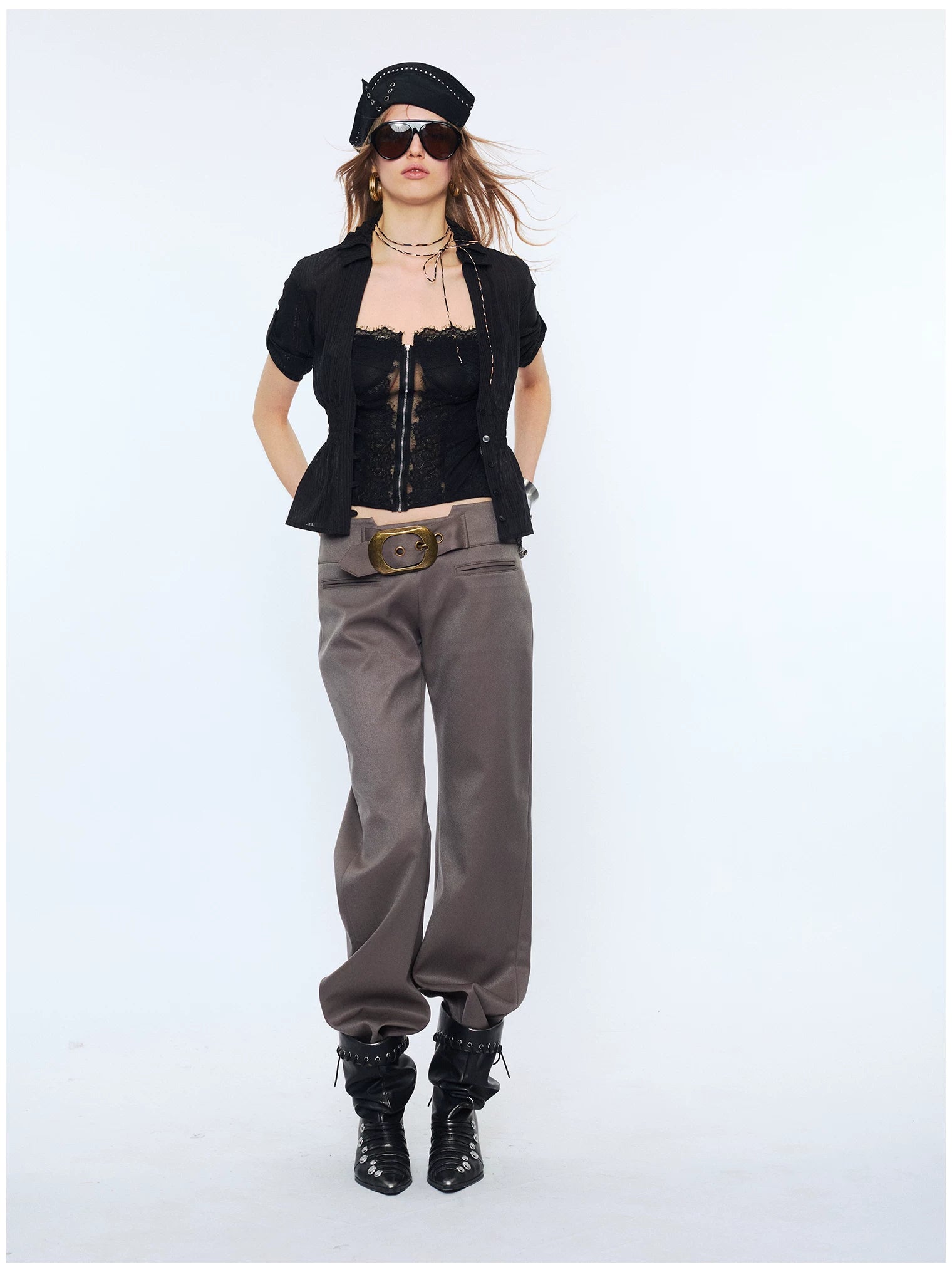 Contrast Lace Panel Two-Piece Shirt