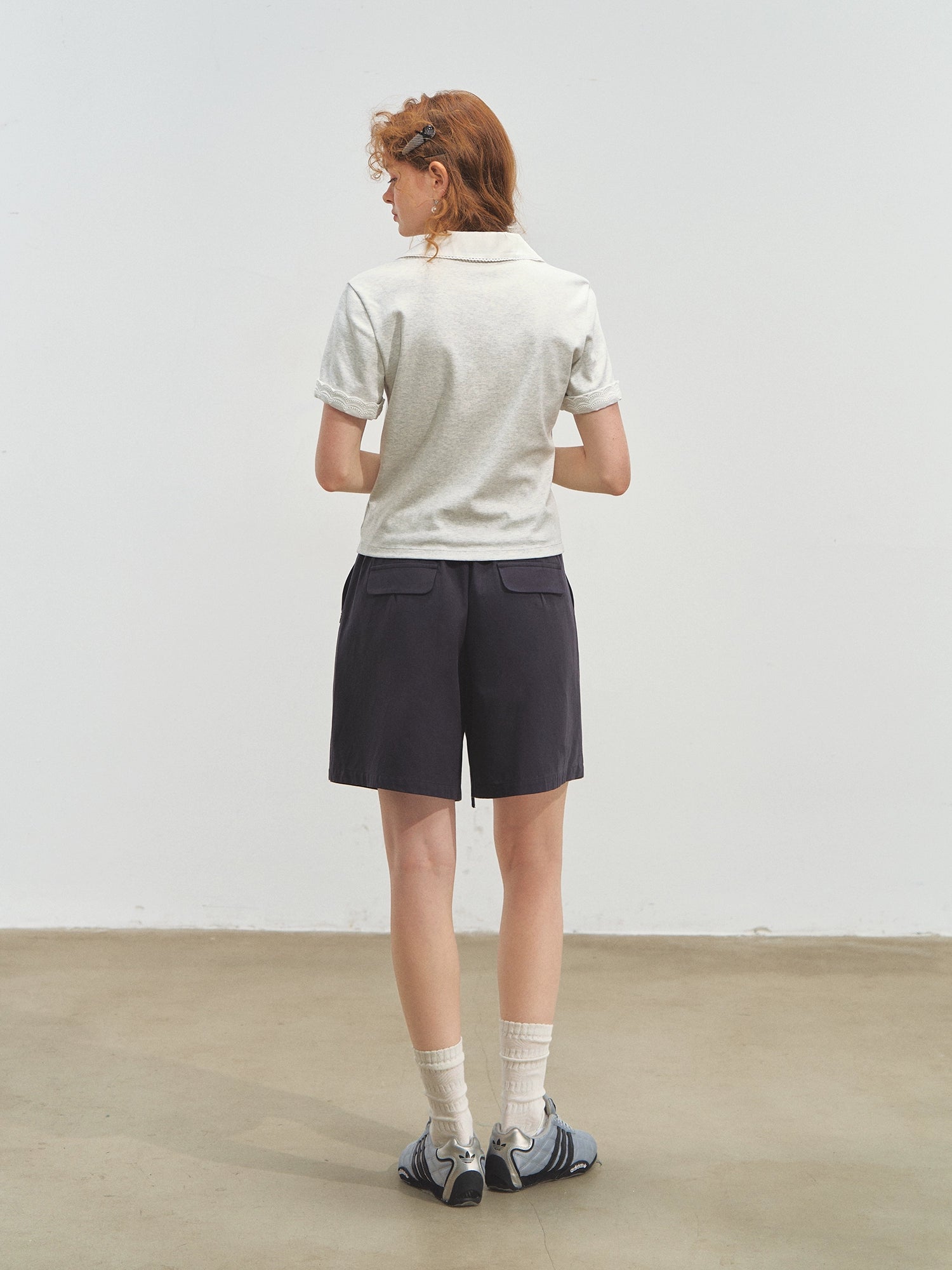 Striped Lace Short-Sleeve Polo Neck T-Shirt - CHINASQUAD