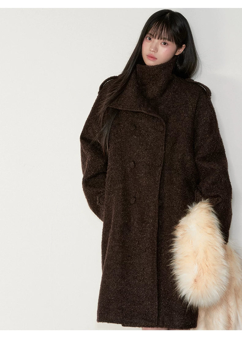 Stand-Collar Bouclé Wool Long Coat