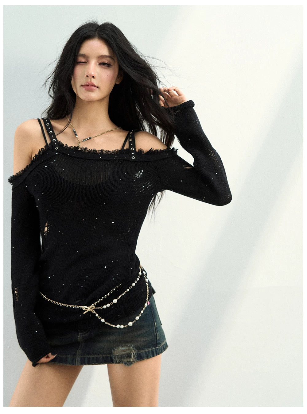 Distressed Off-Shoulder Knit Top