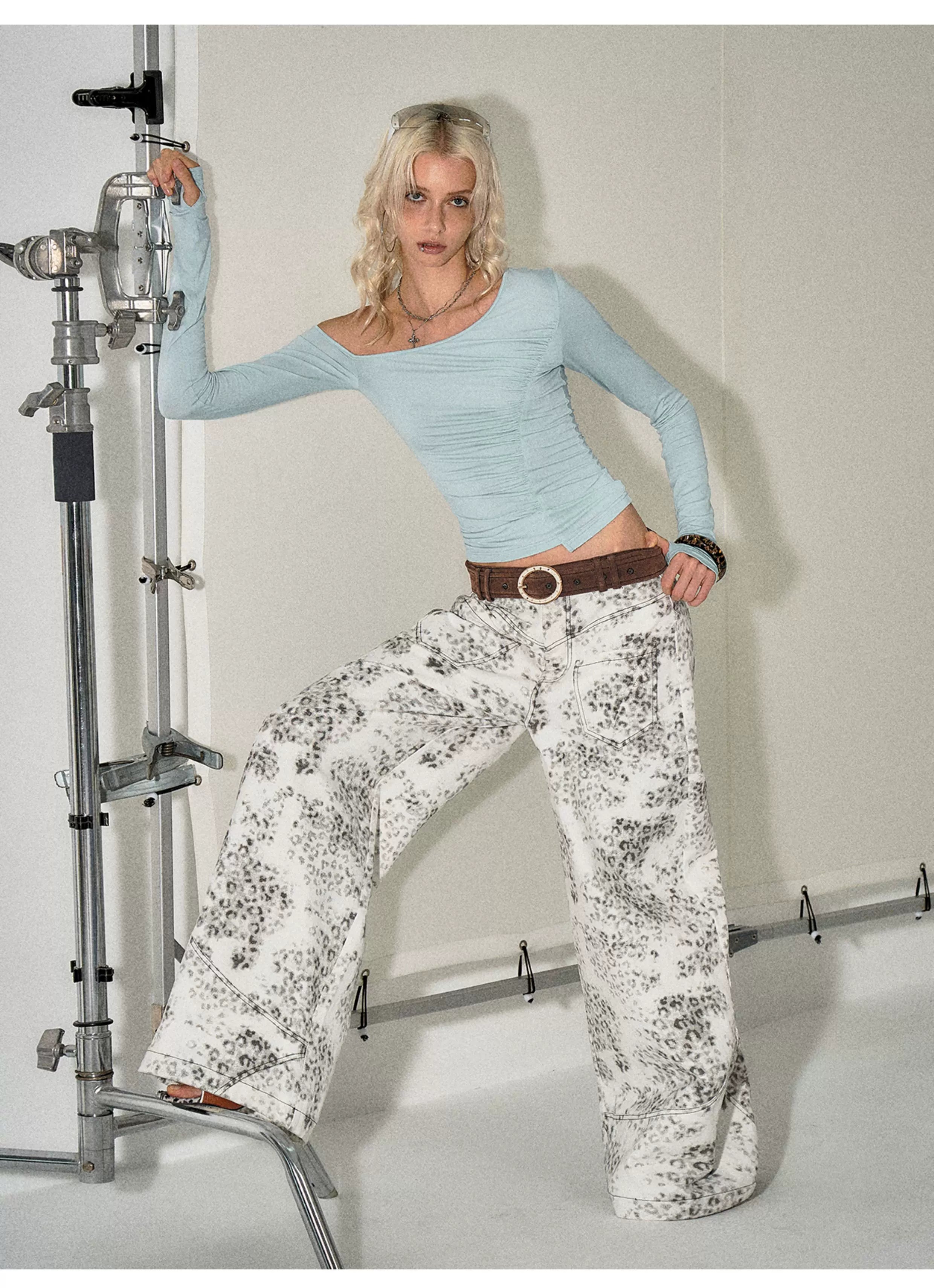 Vintage Leopard-Print Cotton Wide-Leg Jeans