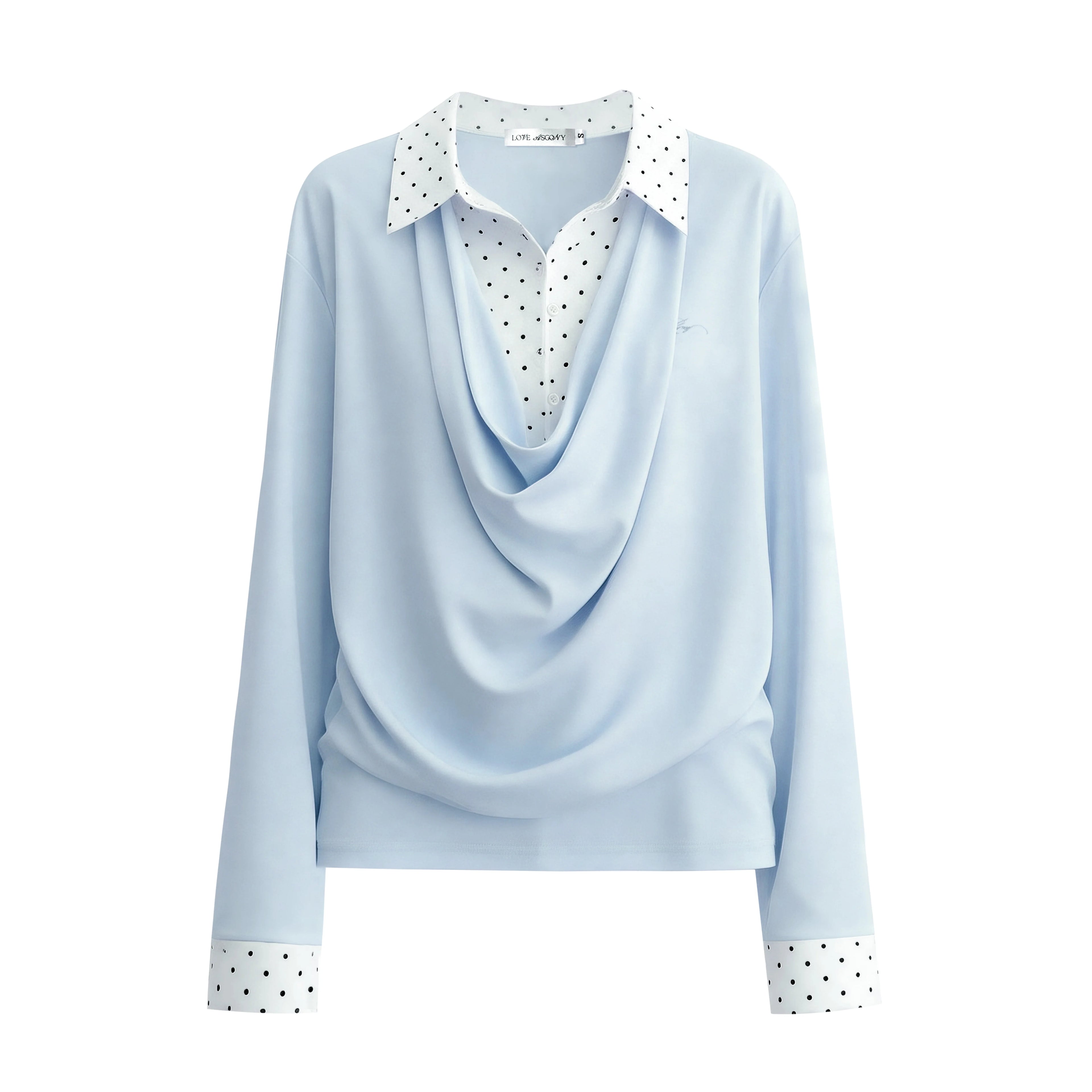 Polka Dot Shirt Panel Faux-Layer Draped Collar Top