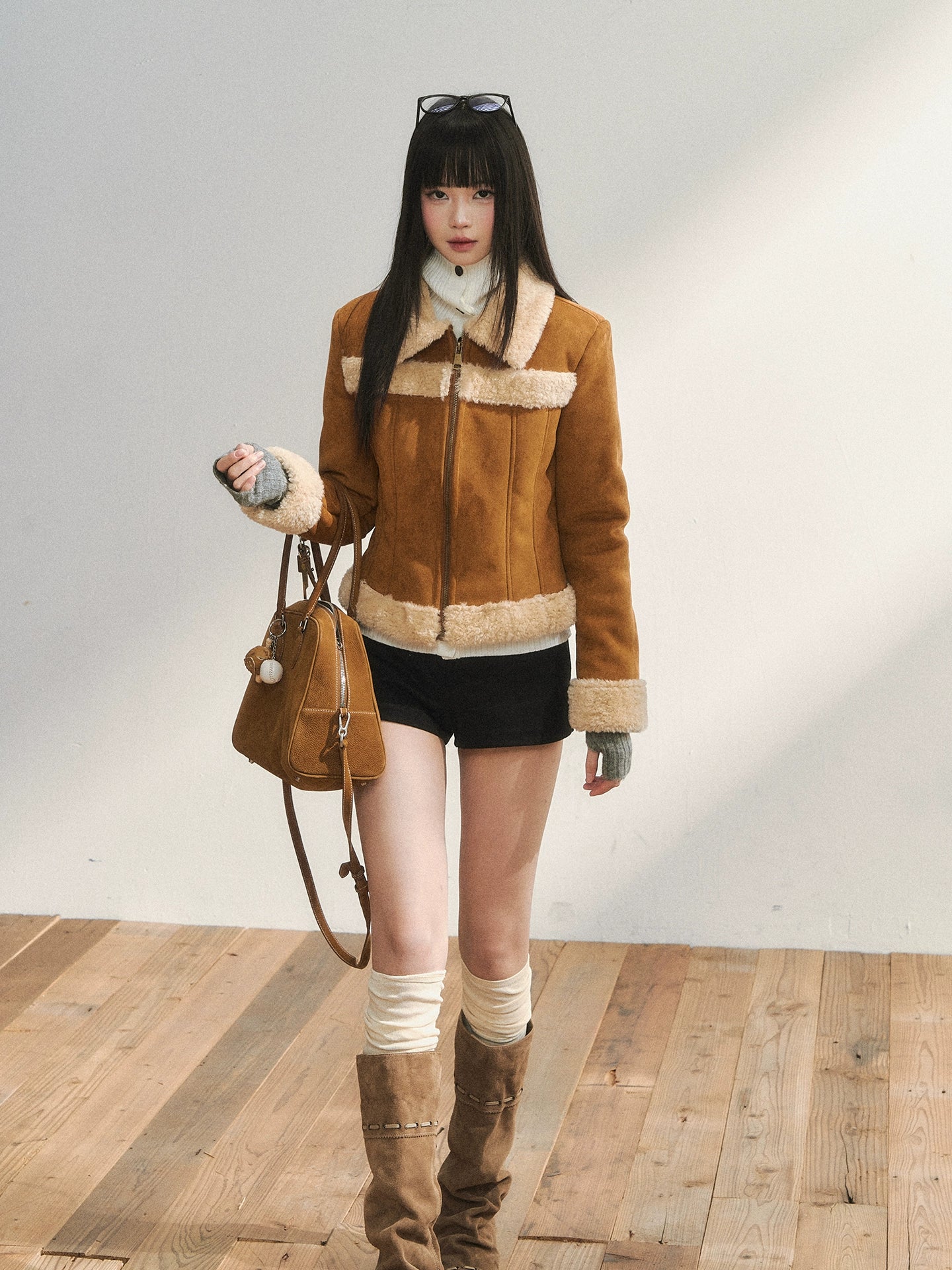 Two-Tone Shearling Cropped Jacket