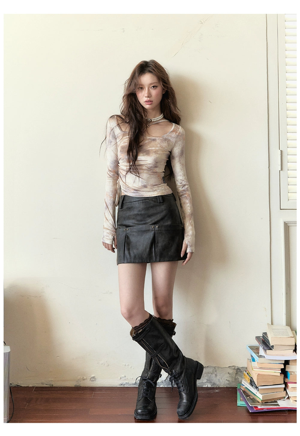 Dark Brown Studded PU Leather Skirt - CHINASQUAD