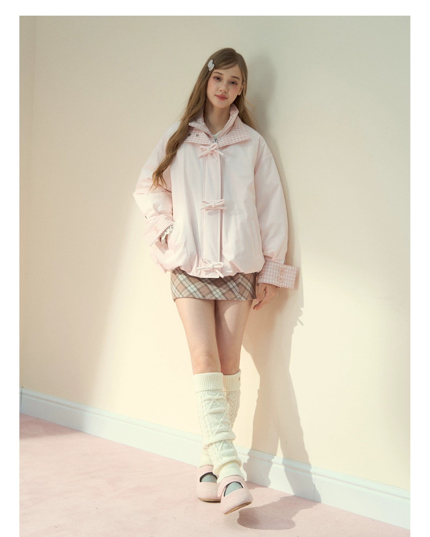 Pink Bow Check Down Jacket - CHINASQUAD