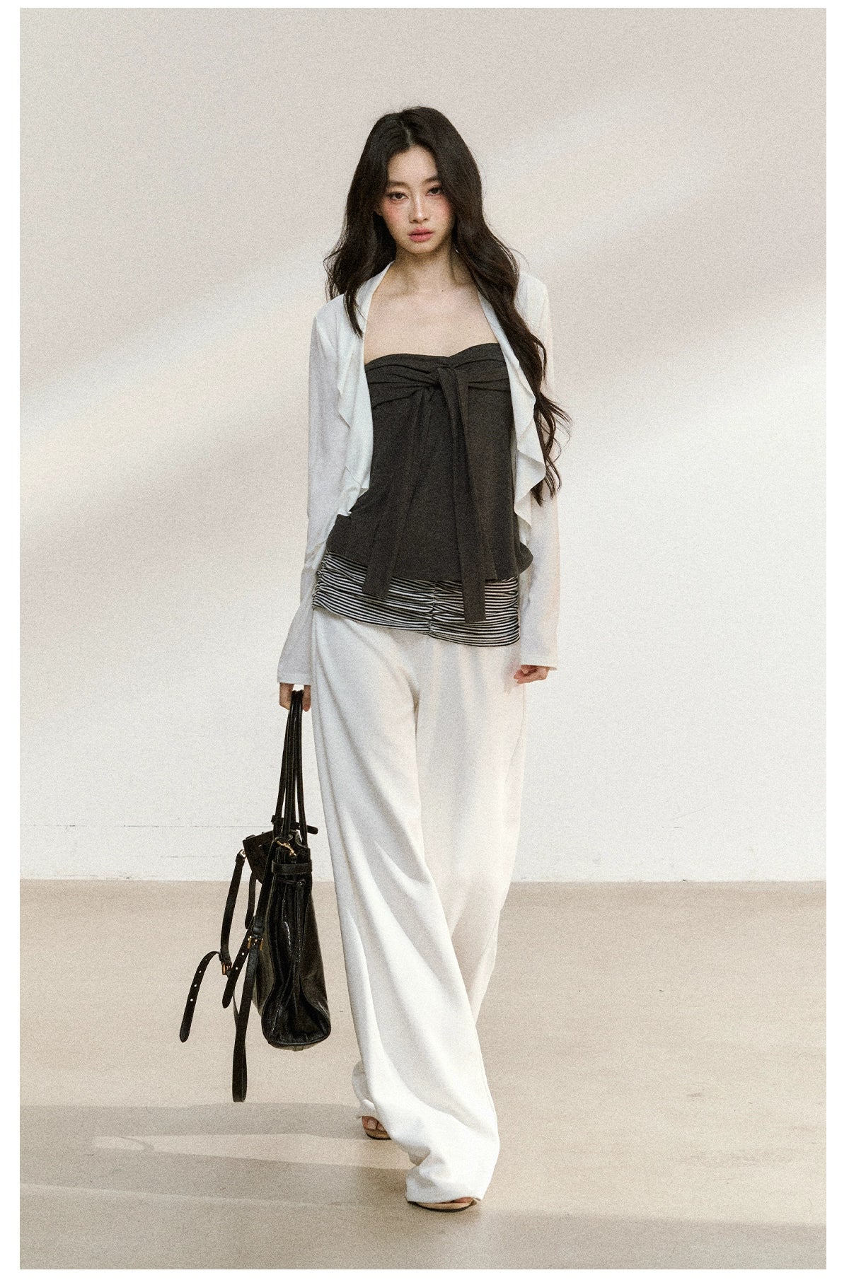 Layered Ruffle-Edge Cardigan & Tube Top Set - CHINASQUAD