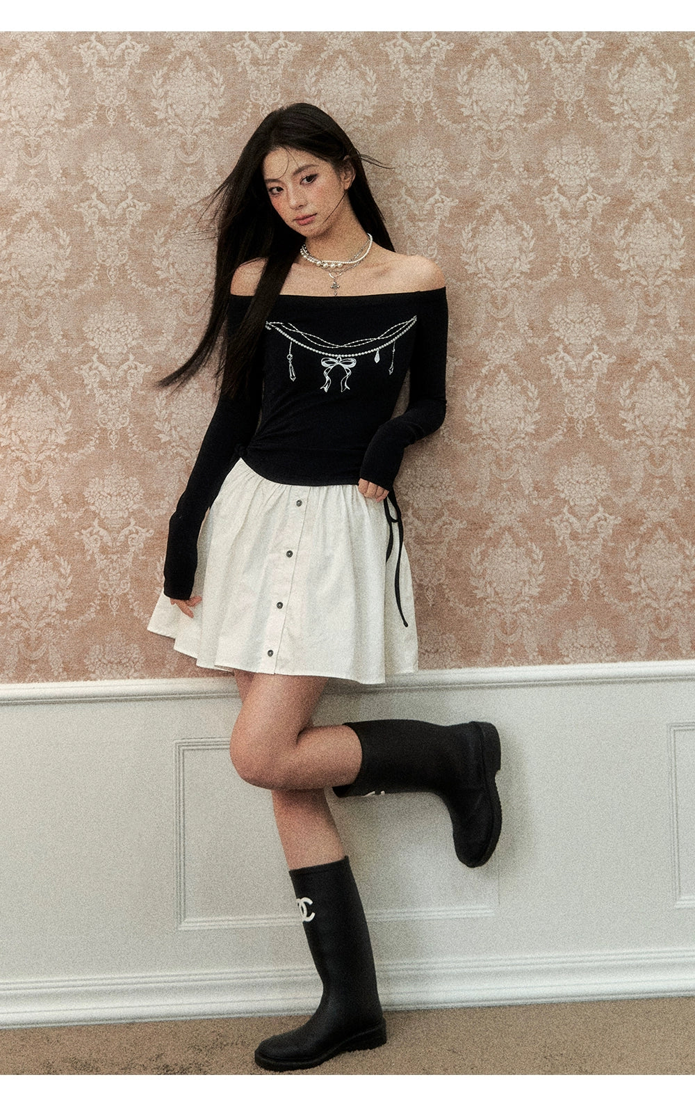 Black One-Shoulder Pearl Chain Printed Dress - CHINASQUAD