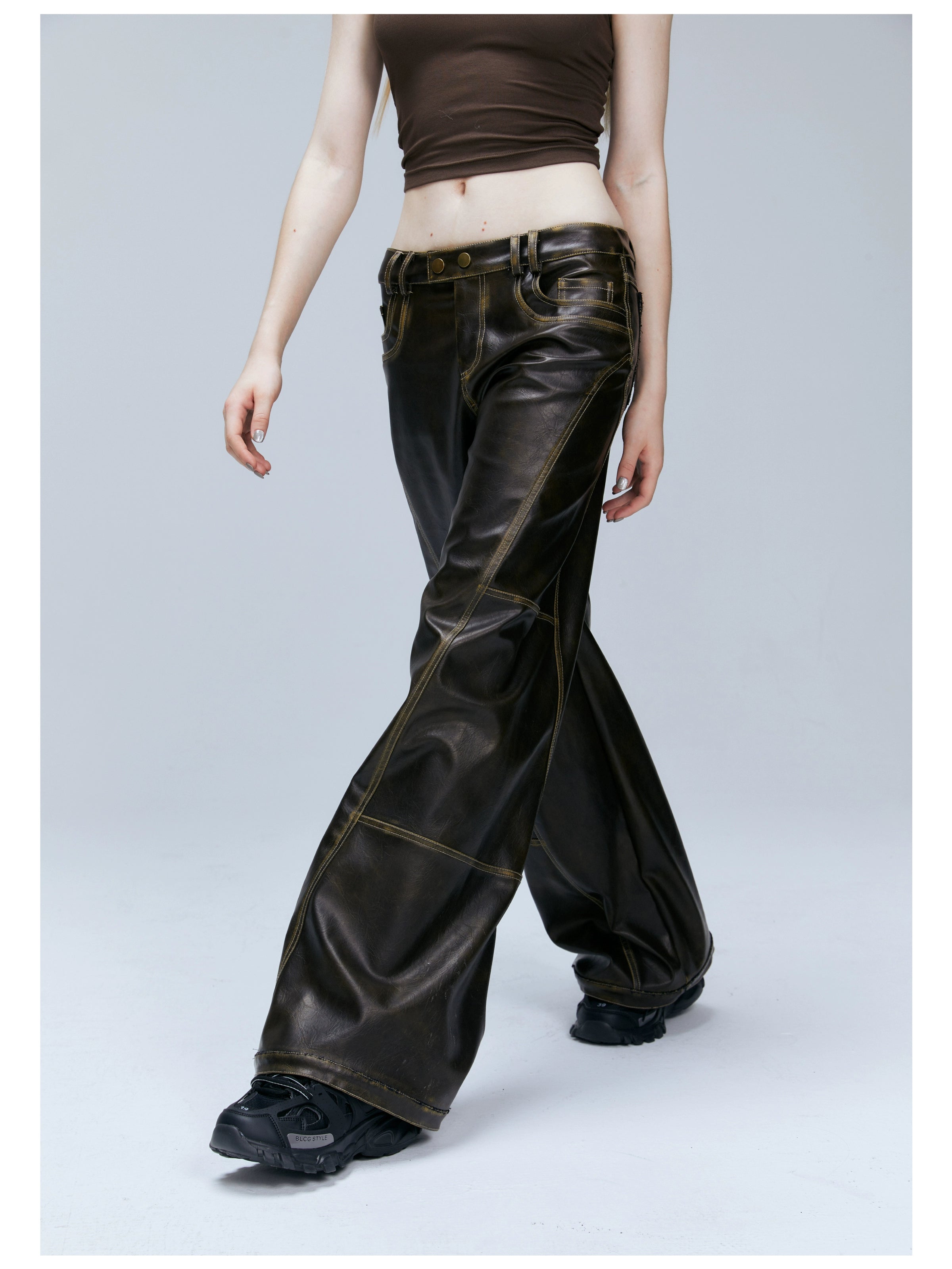 Brown PU Straight-Leg Pants - CHINASQUAD