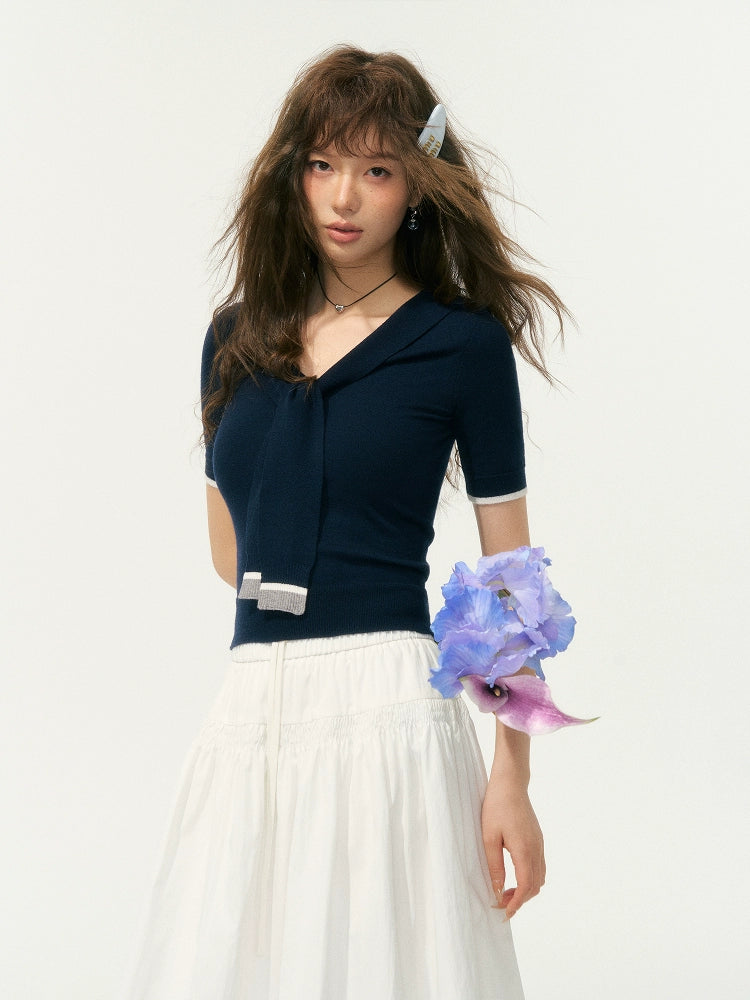 Preppy Style Collared Tie Knit Top - CHINASQUAD