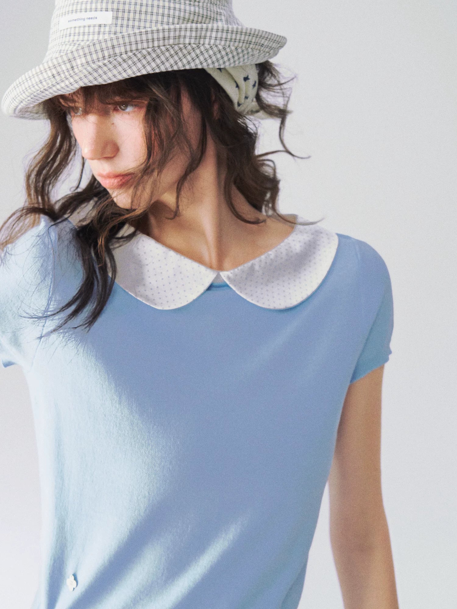 Peter Pan Collar Contrast Knit Short Sleeve Top