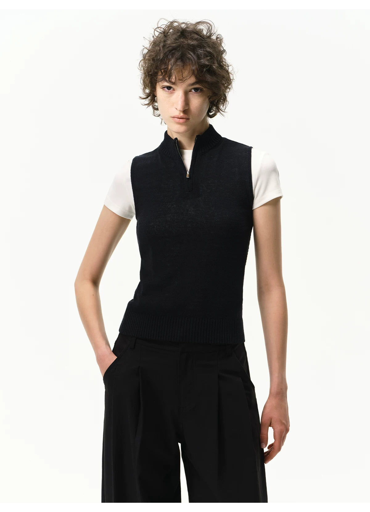 Linen-Blend Mock Neck Knit Tank