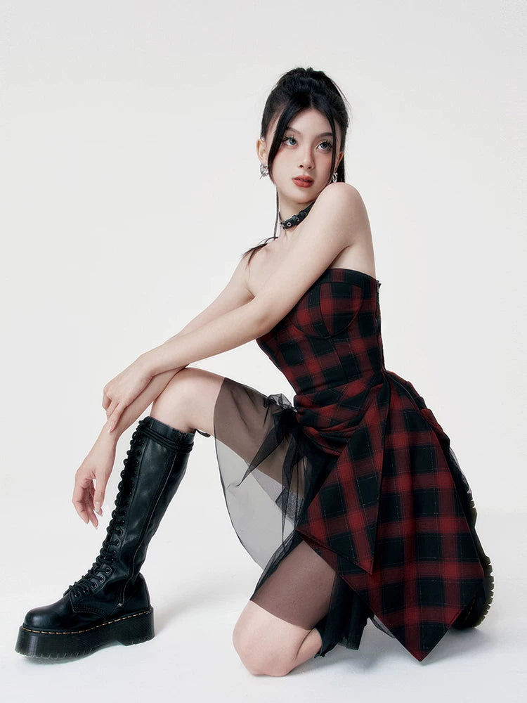Red-Black Plaid Waist-Defining Dress