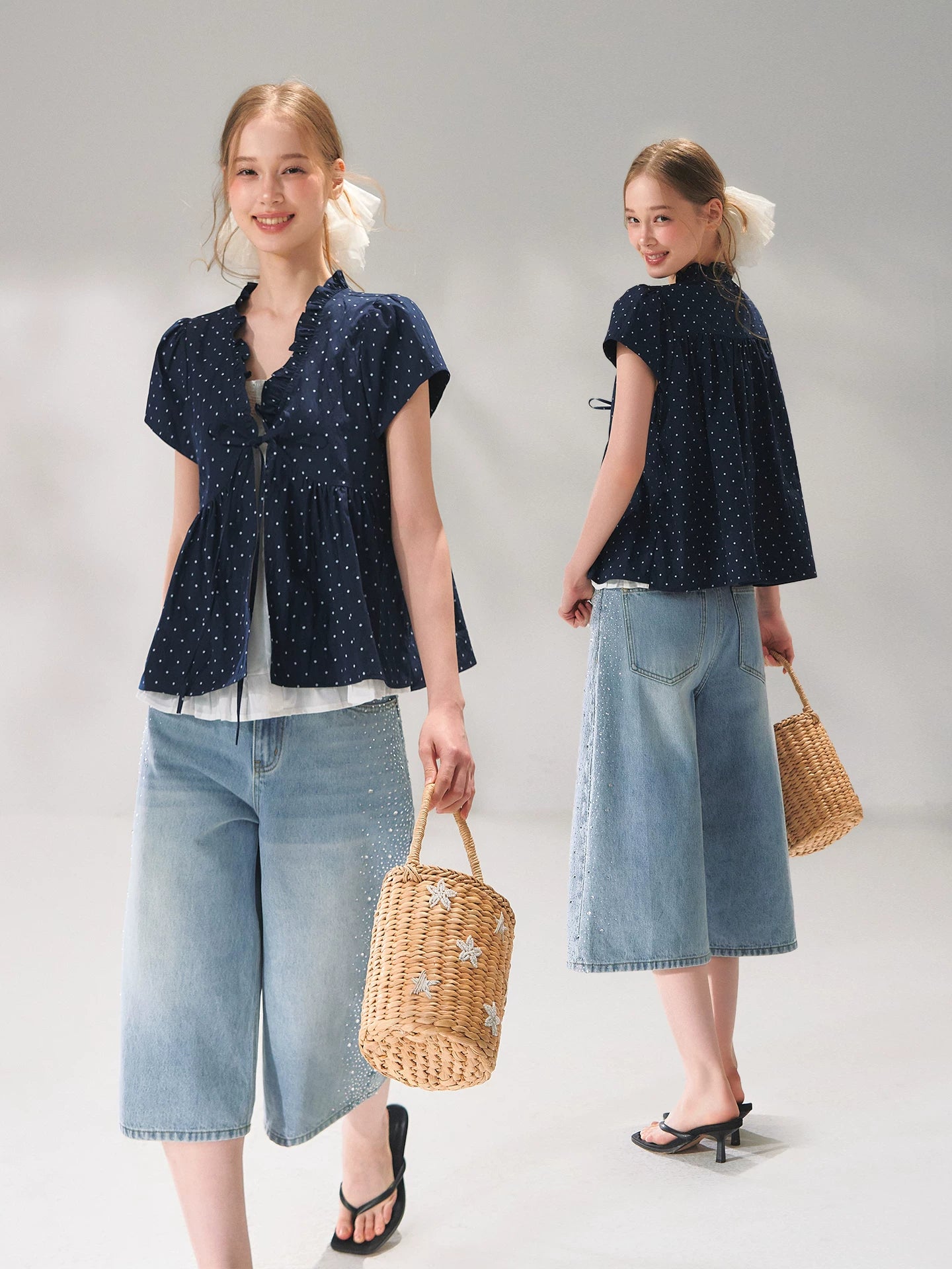 Crystal-Embellished Wide-Leg Cropped Denim Jeans