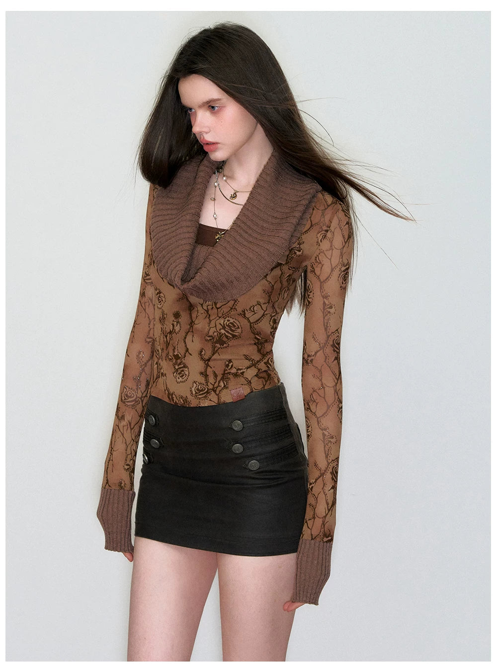 Draped Cowl-Neck Patchwork Knit Sweater