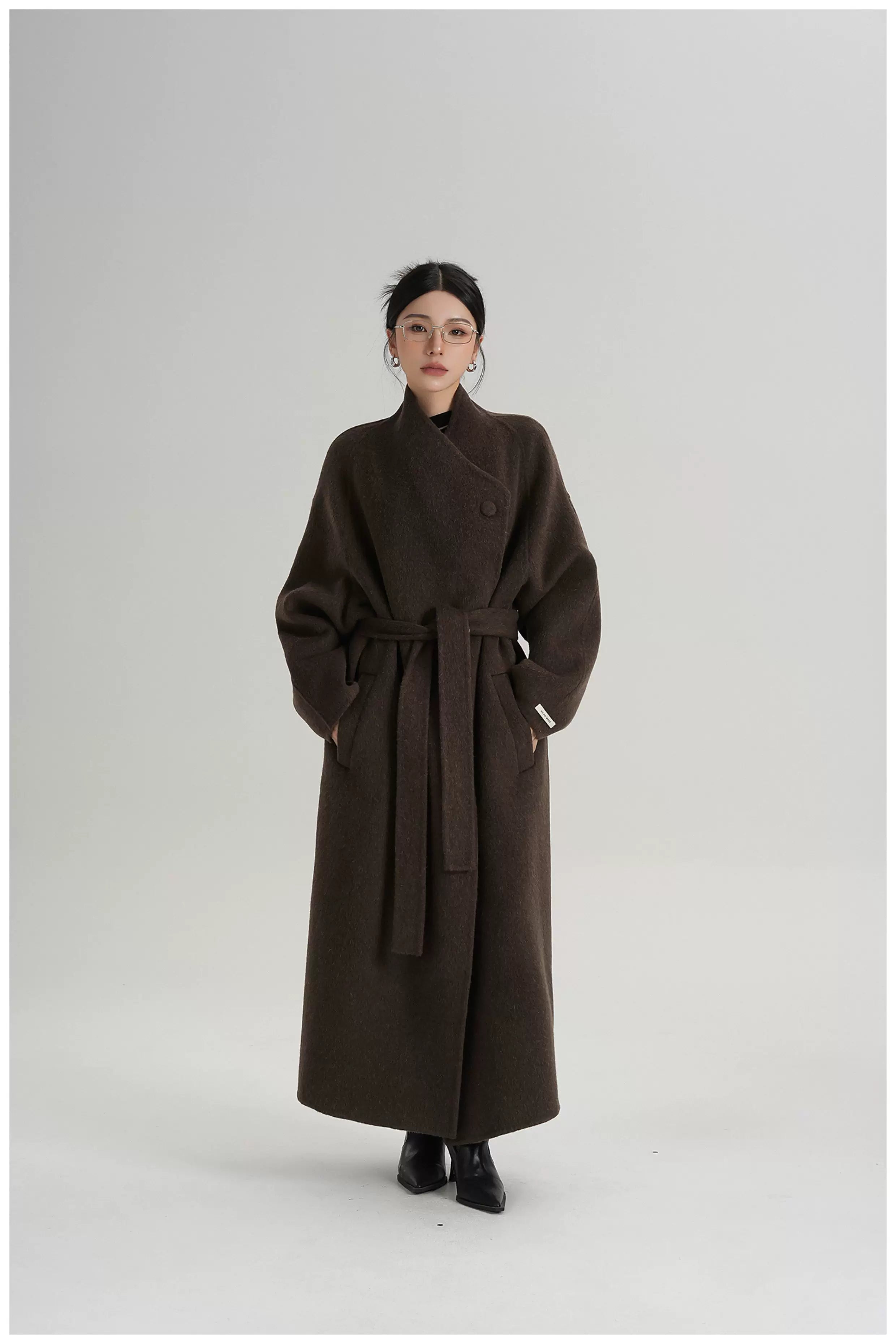 Asymmetric Button Long Wool Coat