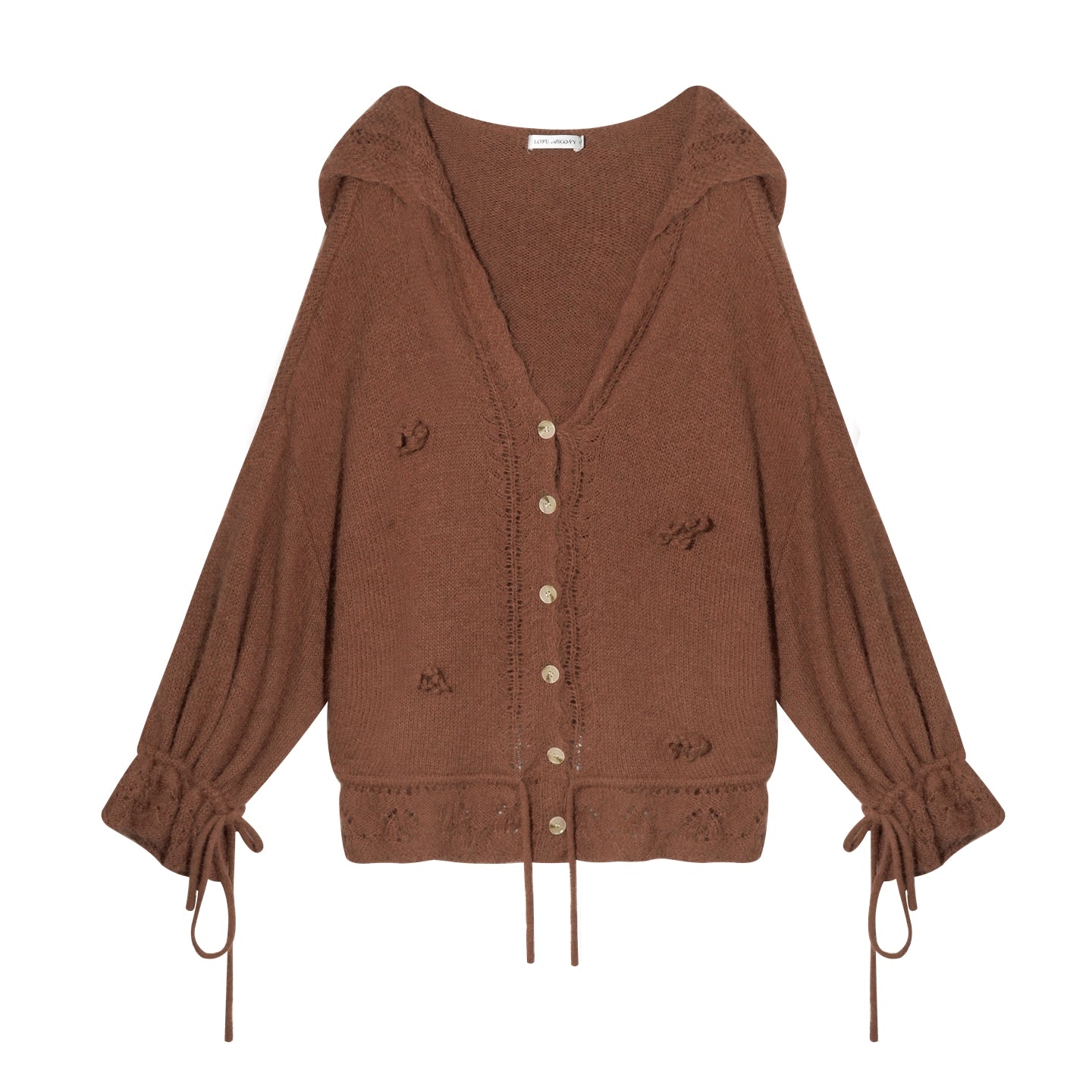 Wool-Blend Drawstring Floral V-Neck Knitted Cardigan - CHINASQUAD