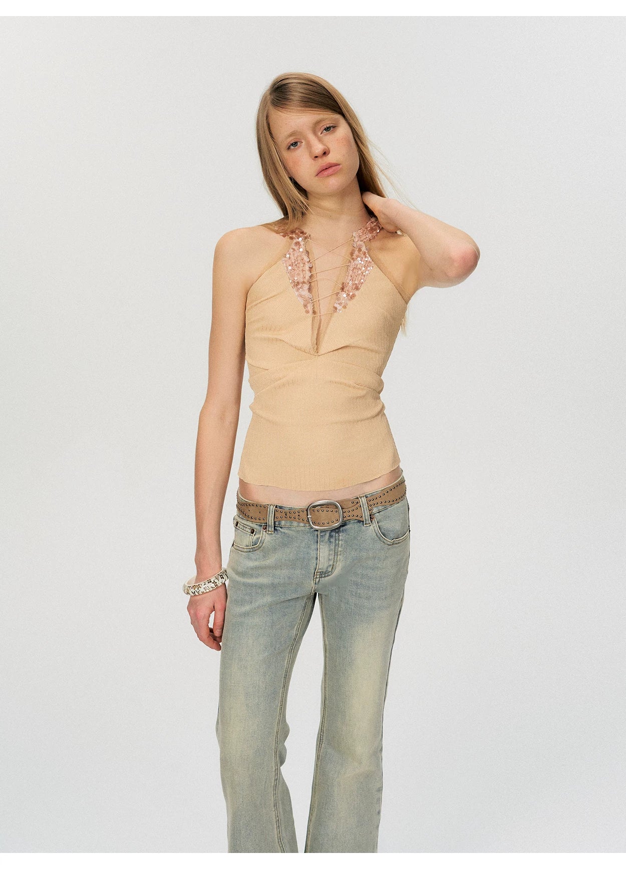 Vintage Deep V Sequin Halterneck Slim Fit Tank Top