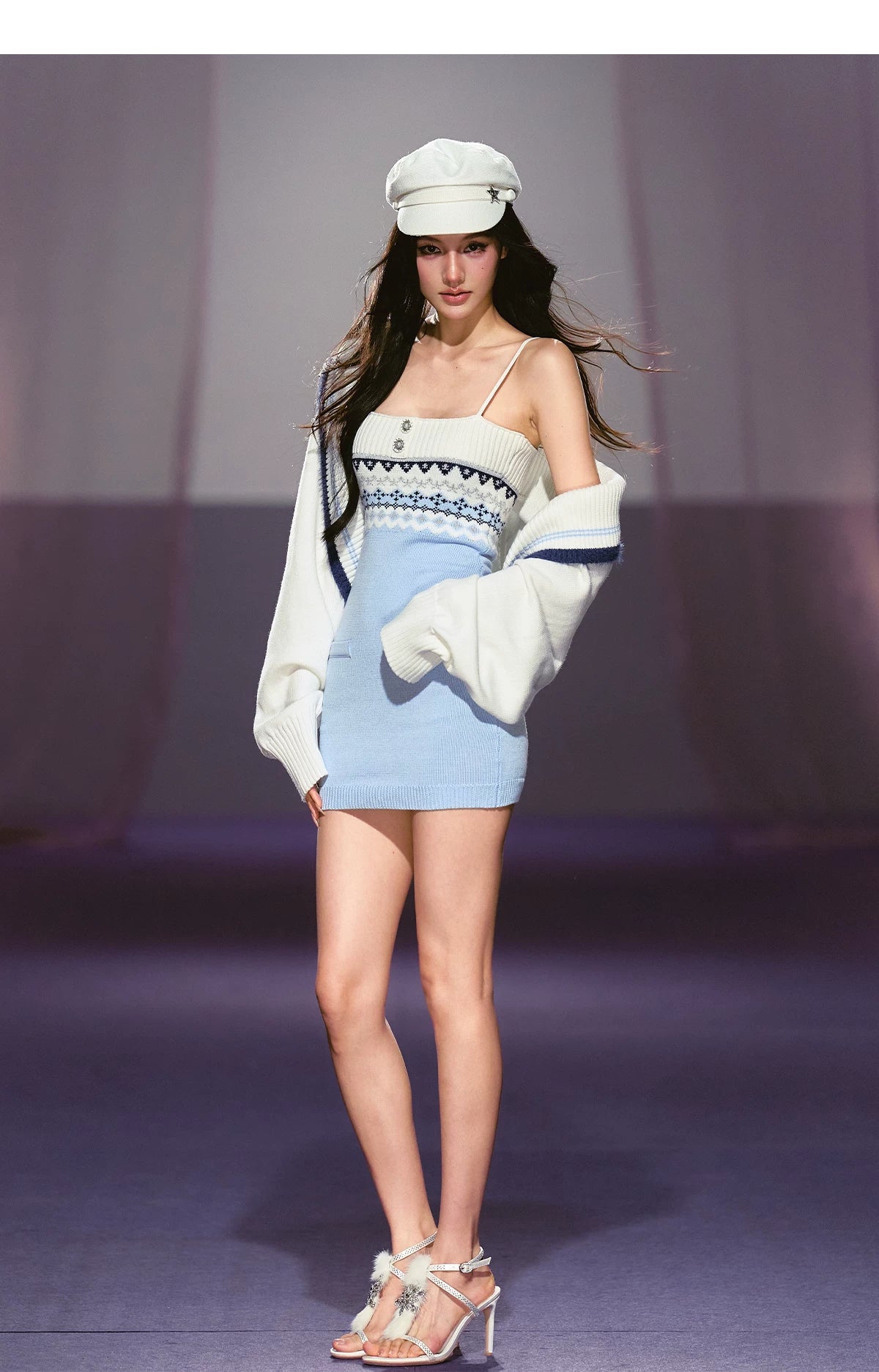 Asymmetrical Strap Top & Fair Isle Knit Cardigan Set