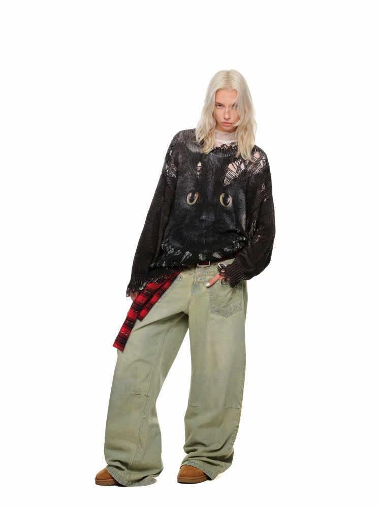 Distressed Washed Green Wide-Leg Jeans - CHINASQUAD