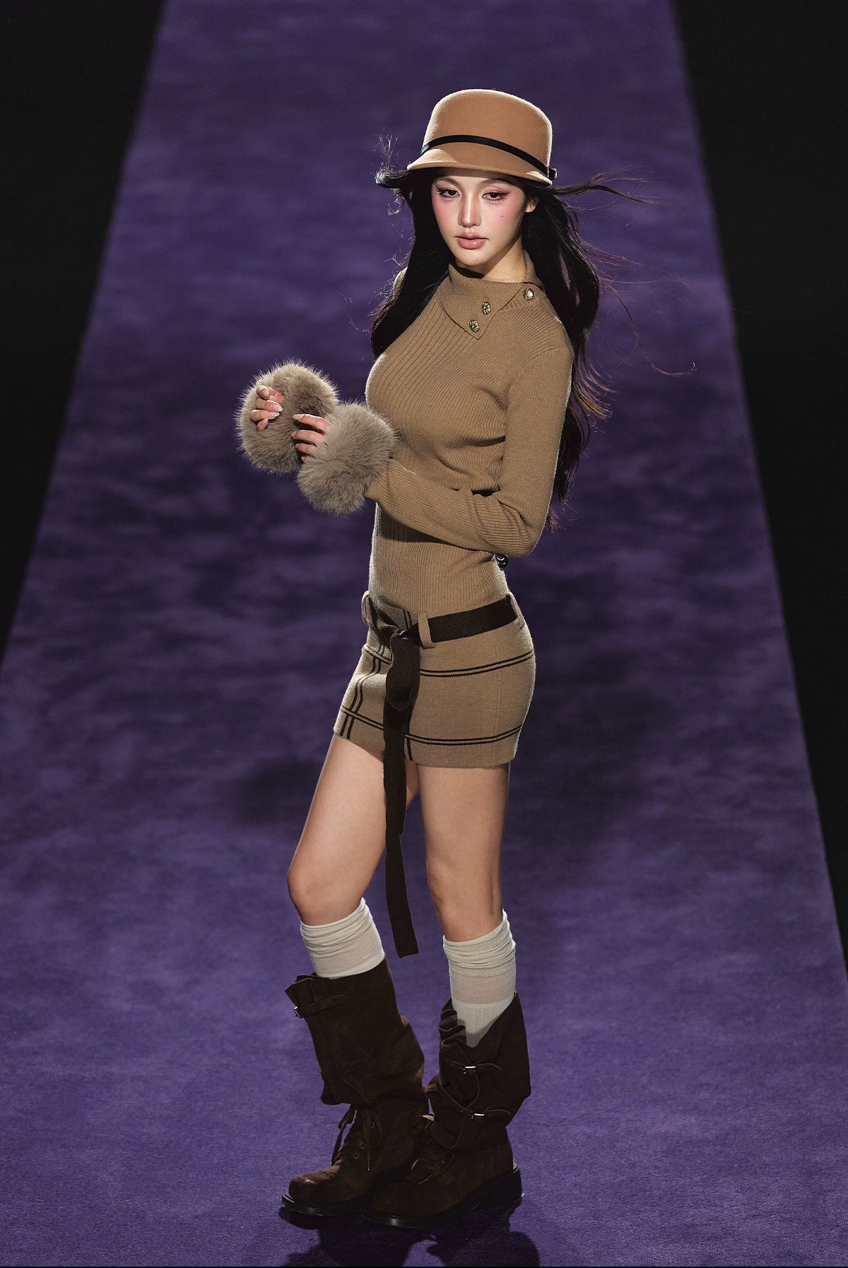 Faux Fur Cuff High-Neck Knit Dress