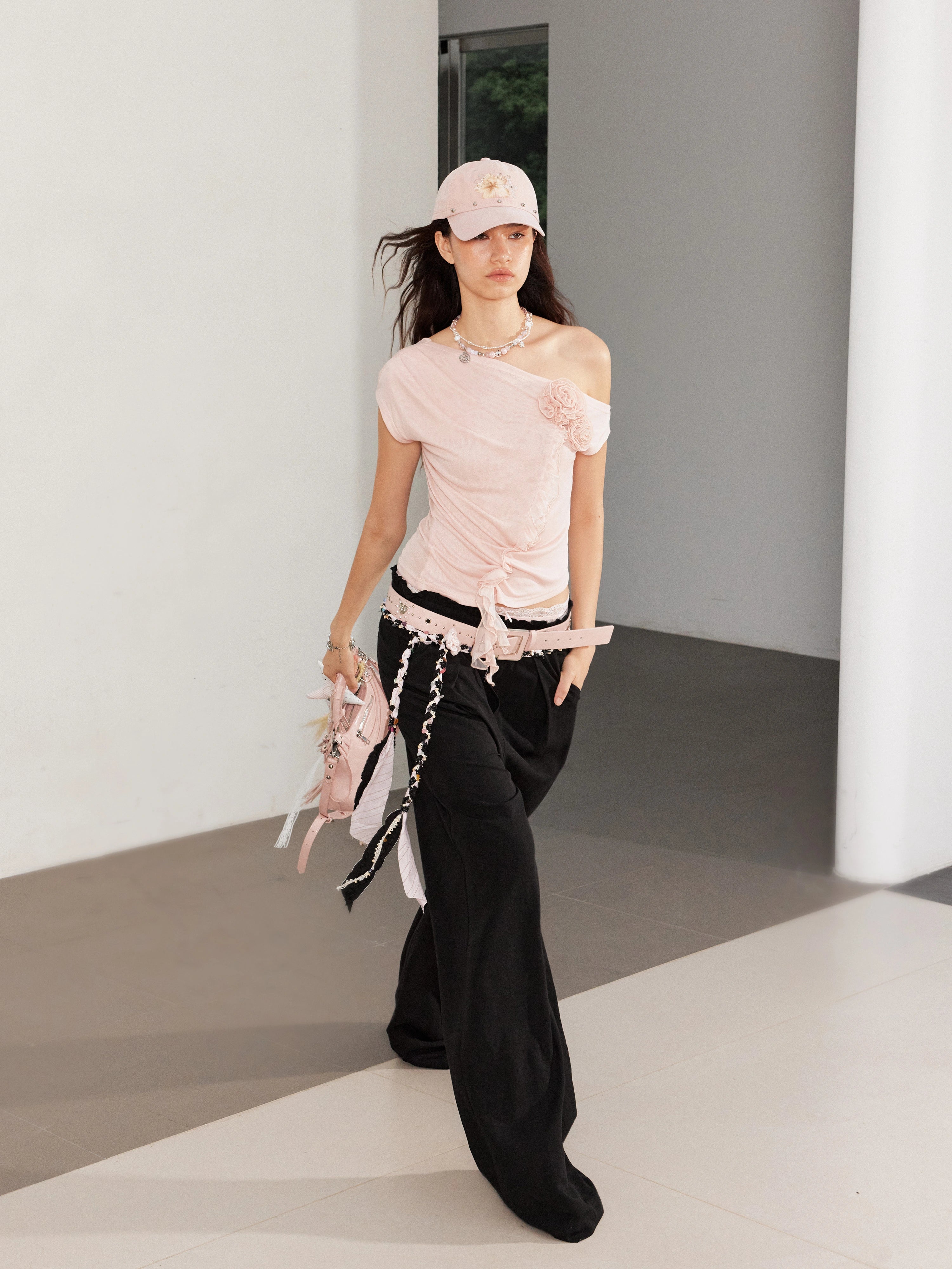 Irregular Ruffle Flower Asymmetric Shoulder Top - CHINASQUAD