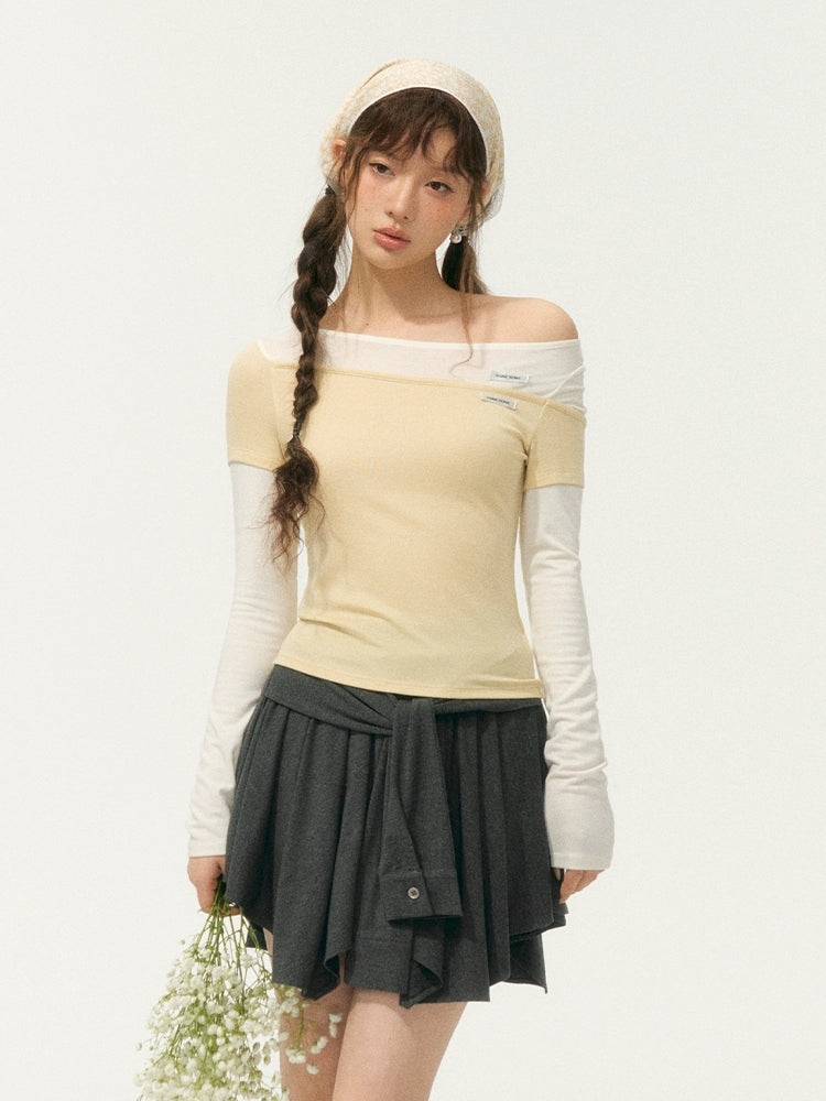 Irregular Fake Two-Piece Color-Block Knit T-shirt - CHINASQUAD