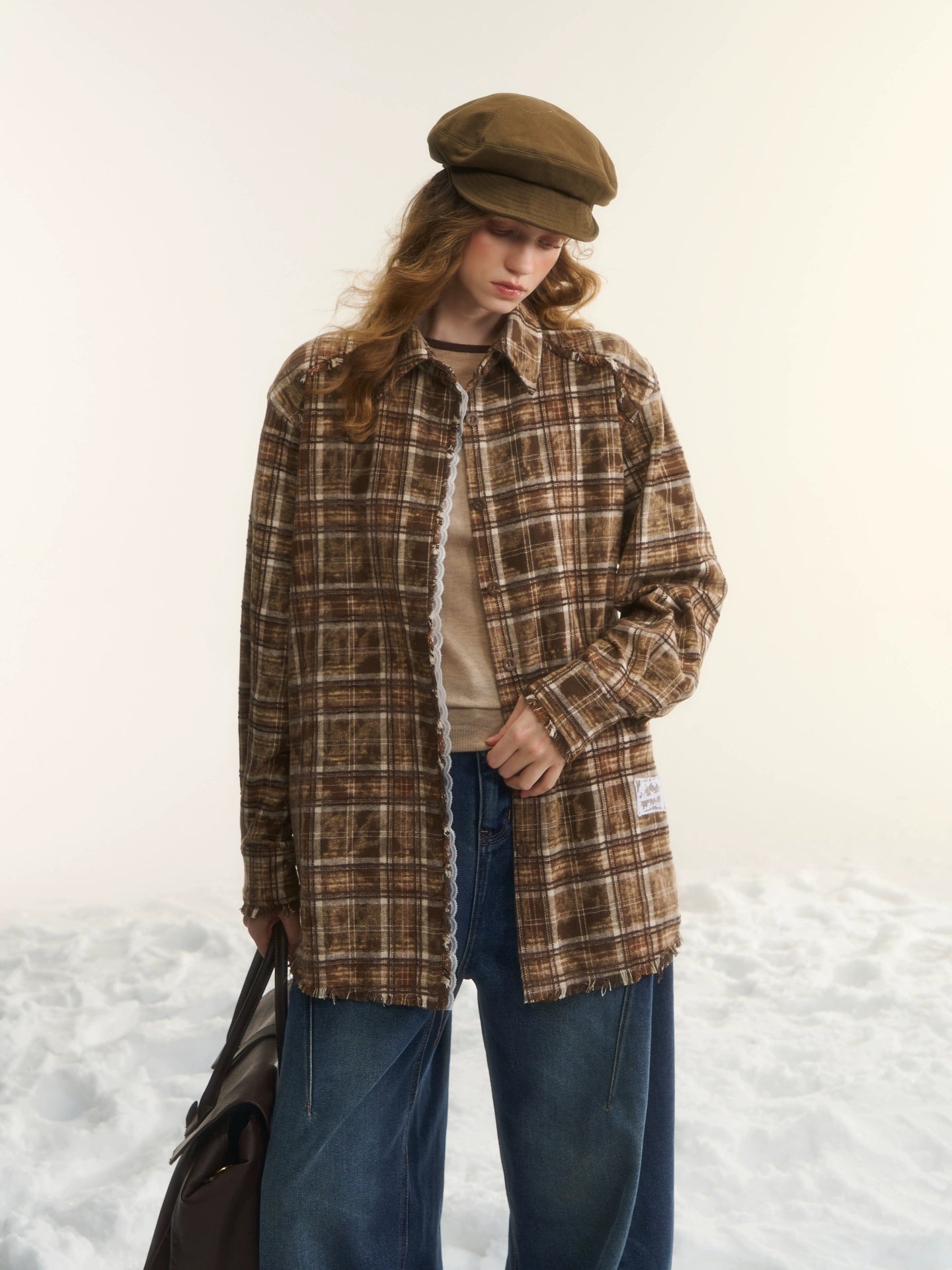 Oversized Lace-Trim Patchwork Plaid Shirt