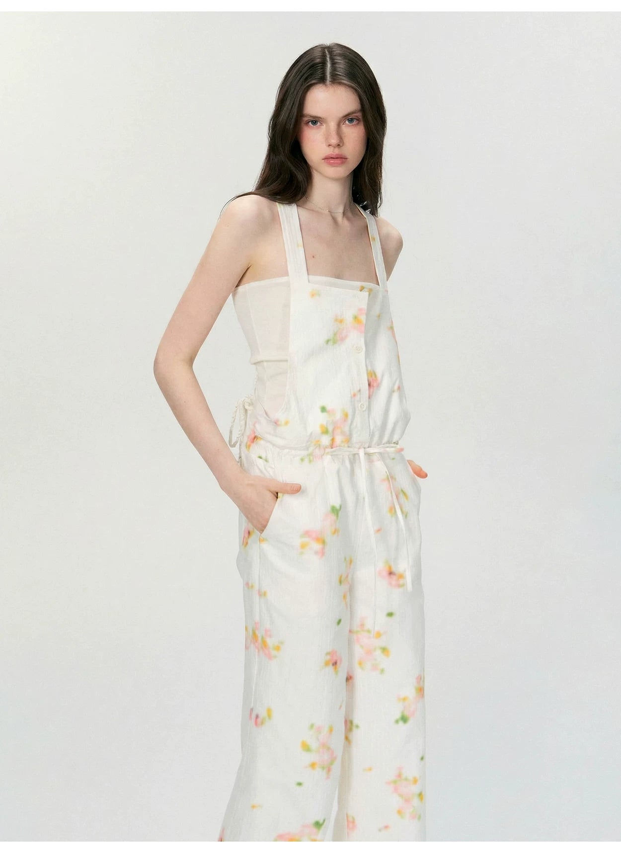 Vintage Soft-Blur Floral Backless Strap Jumpsuit
