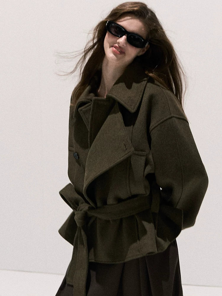 Waist-Defining Silhouette Stand-Collar Wool Coat