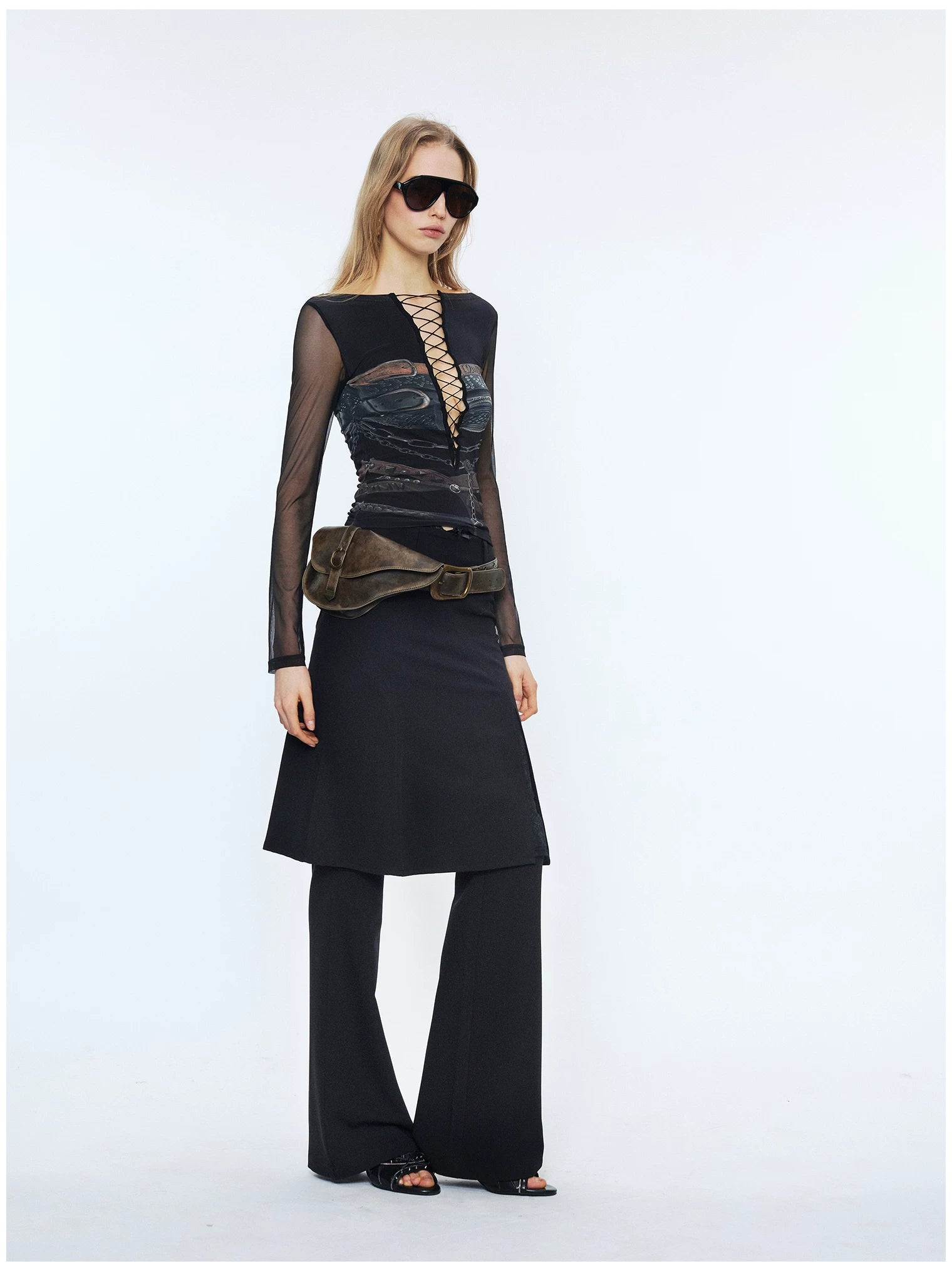 Lace Waist Bow Flared Skirt Pants