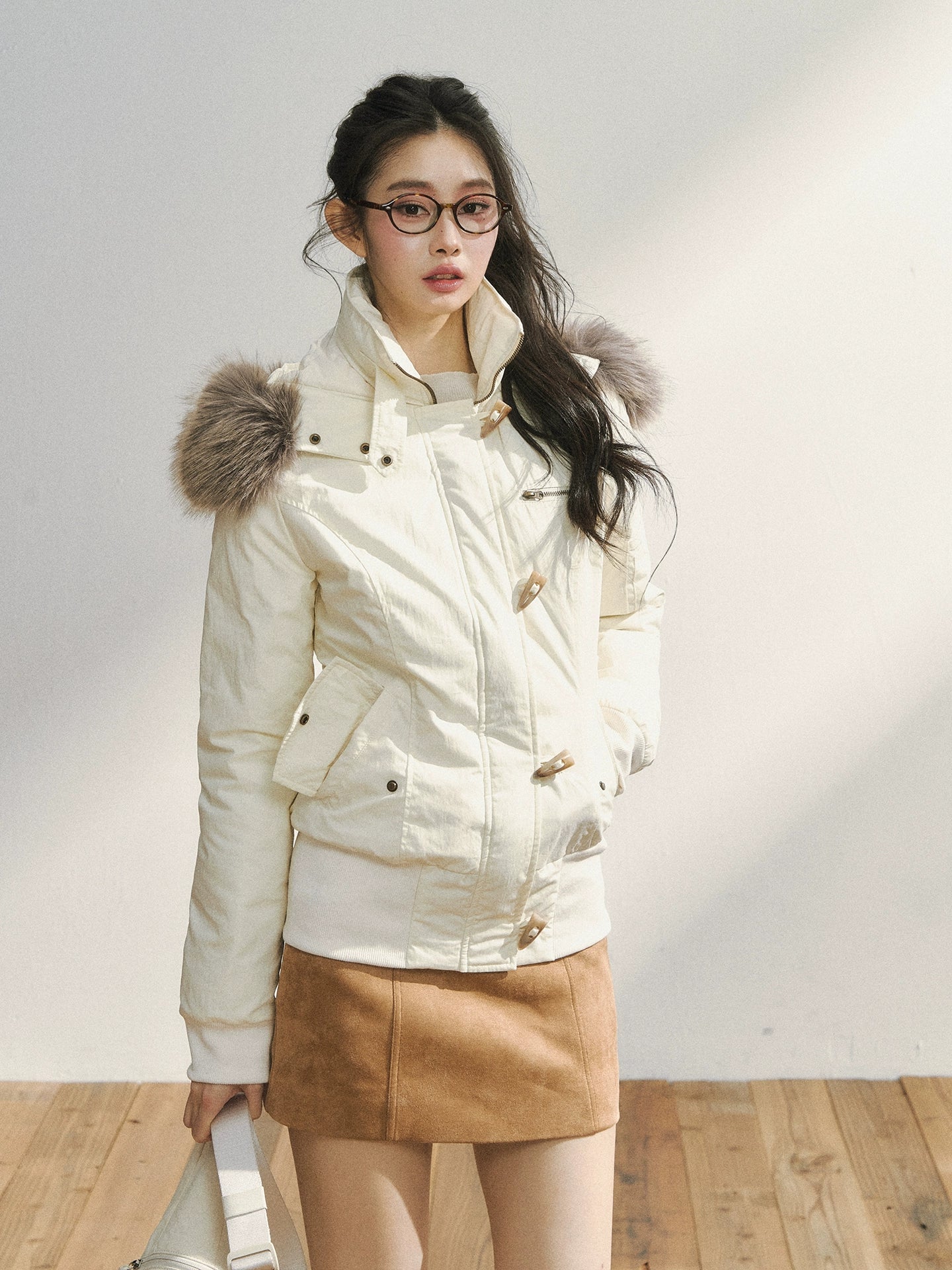 Two-Tone Faux Fur Collar Hooded Duffle Puffer Jacket