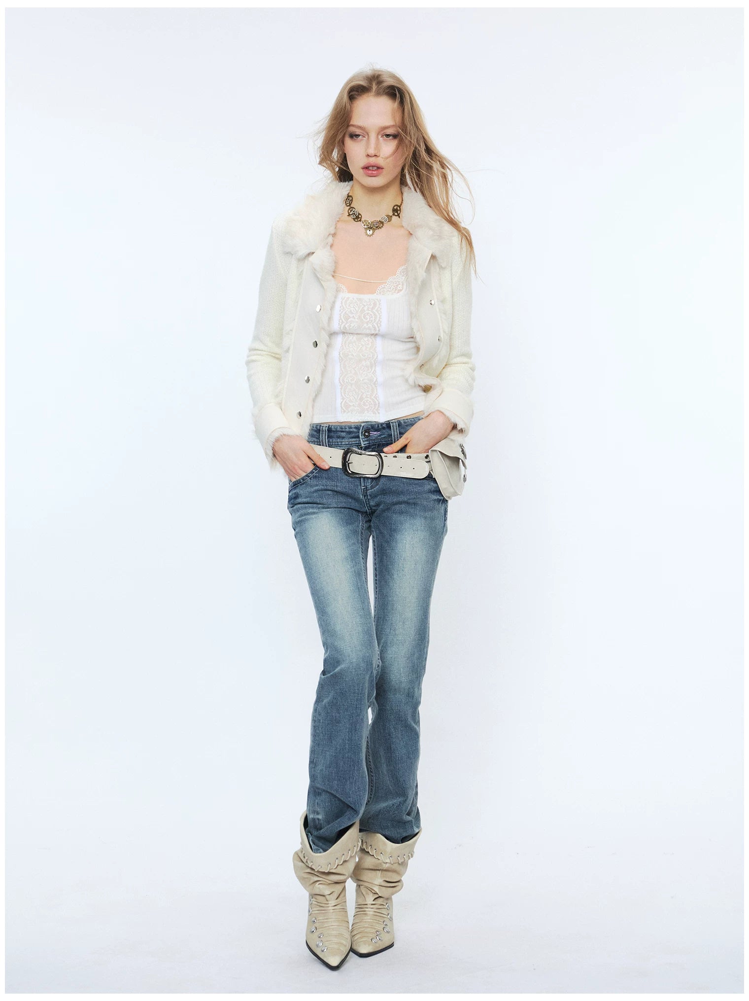 Knit Panel Faux Fur Cardigan Jacket