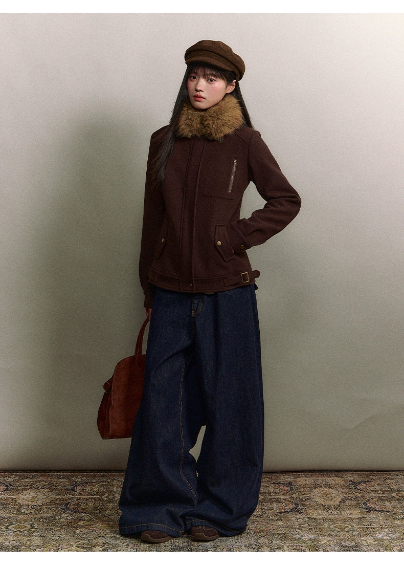 Brown Faux Fur Collar Slim Wool Jacket - CHINASQUAD