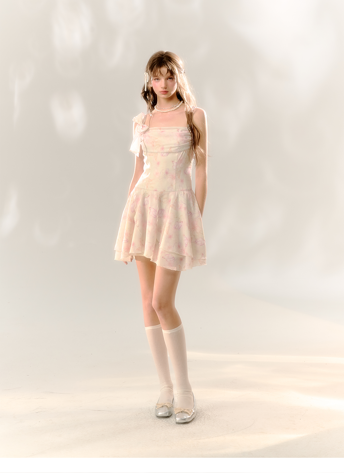 White Butterfly Print Cinched Waist Dress - CHINASQUAD