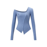 Iris Blue Knitted Off-Shoulder Sweater - CHINASQUAD