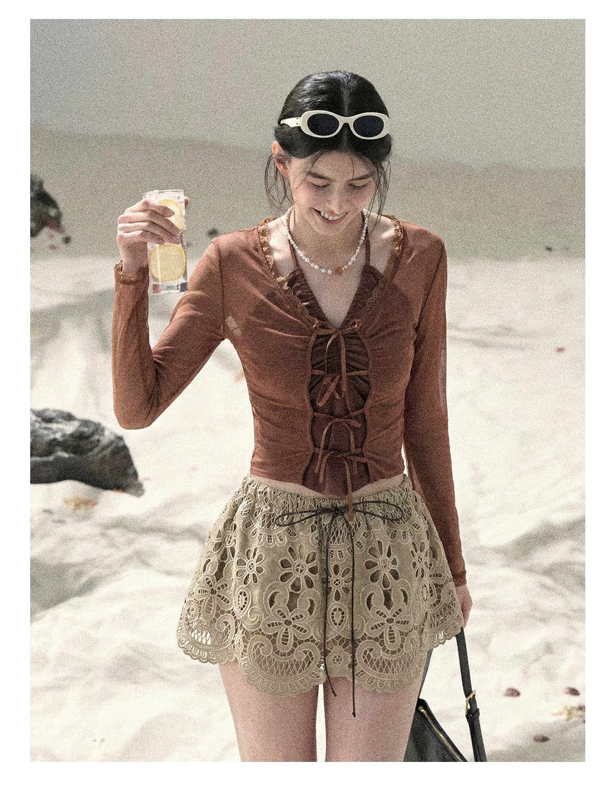 Soft Sand Ruched Tie-Front Cardigan
