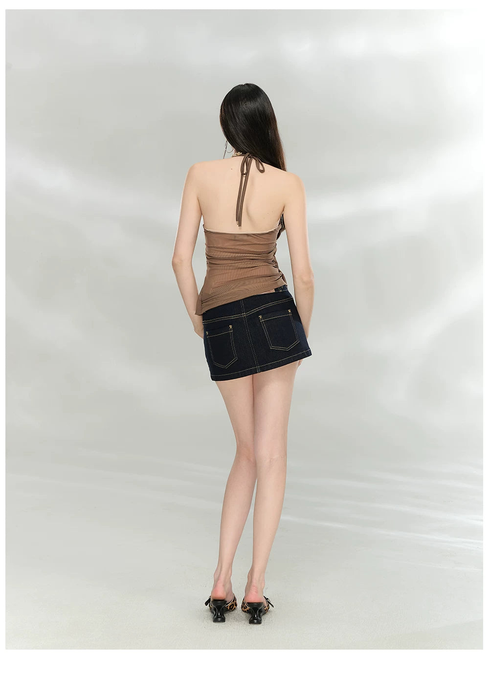 Sheer Double-Layer Mesh Halter Backless Top