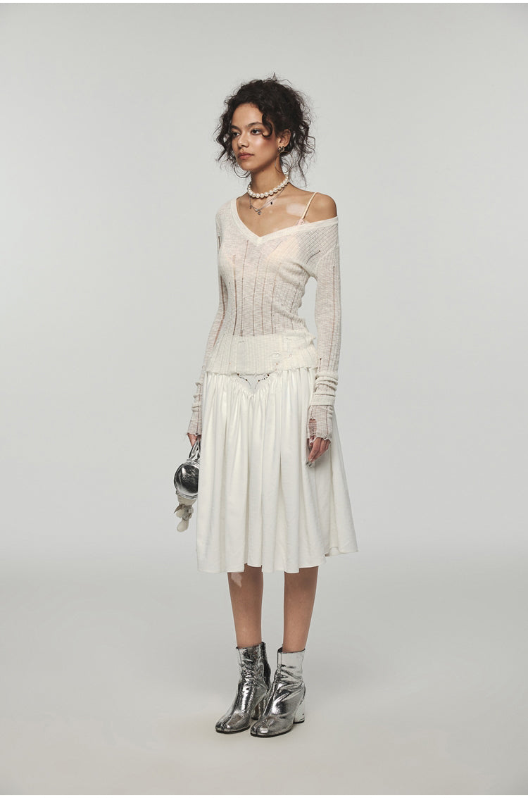 Hollow Out Waist-Cinched Knitted Blouse - CHINASQUAD