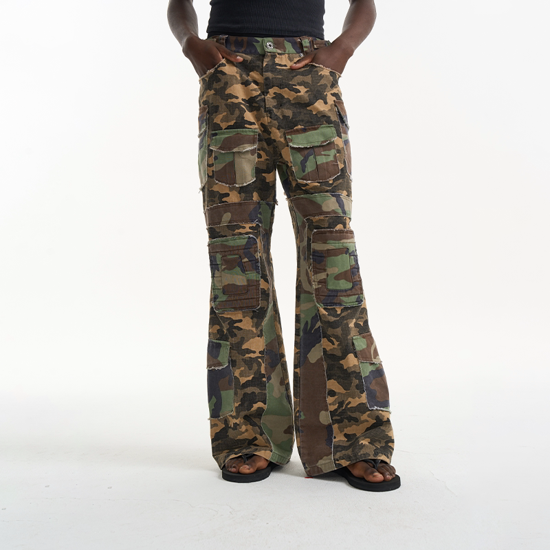 Washed Raw-Edge Patchwork Camouflage Flared Cargo Pants