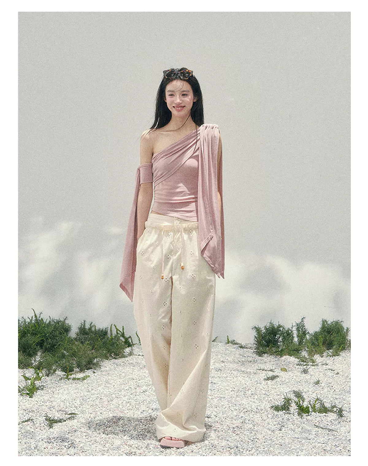 Coral Pink One-Shoulder Ribbon Blouse