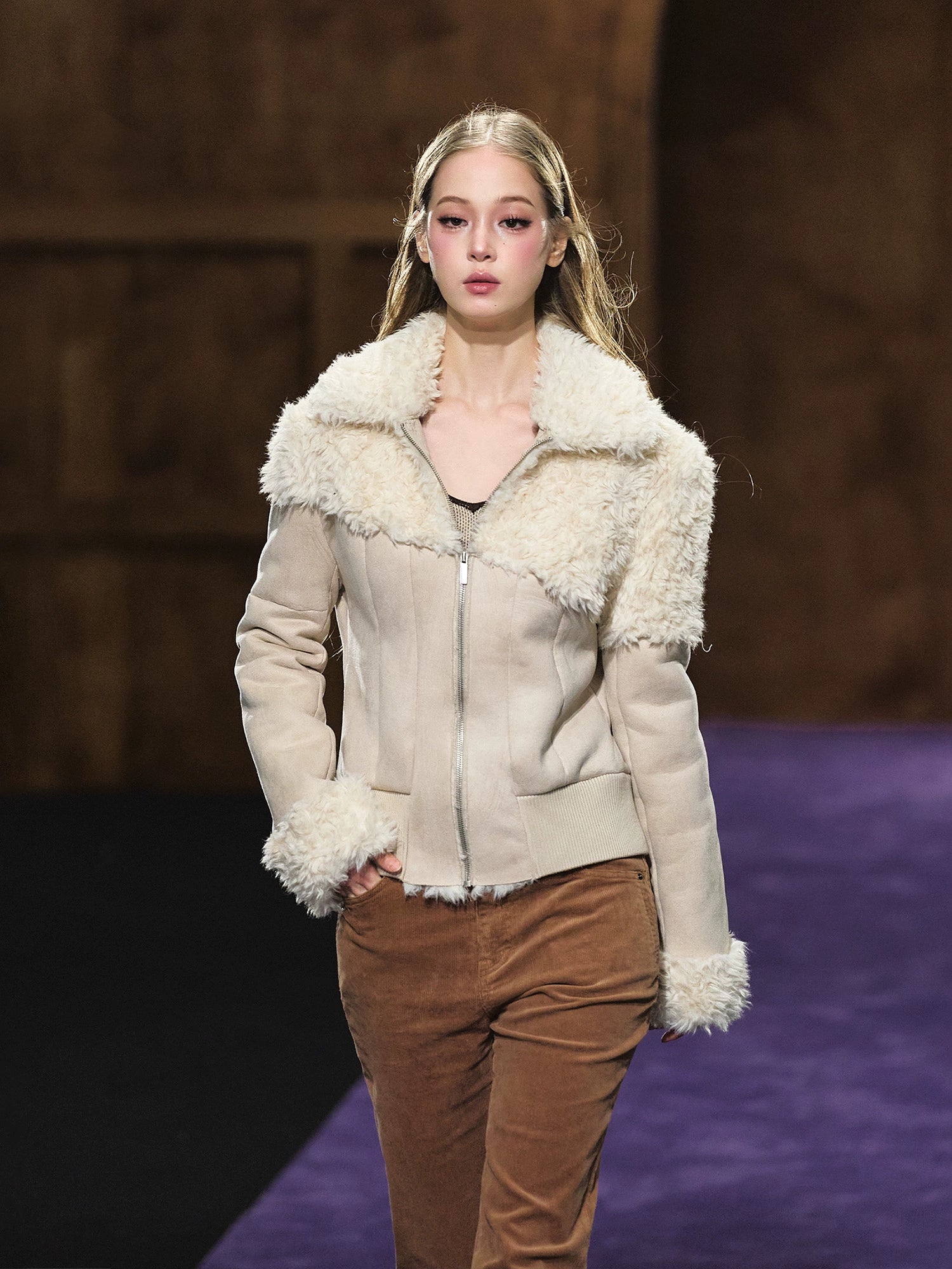 Faux Shearling Fitted Fur-Collar Jacket