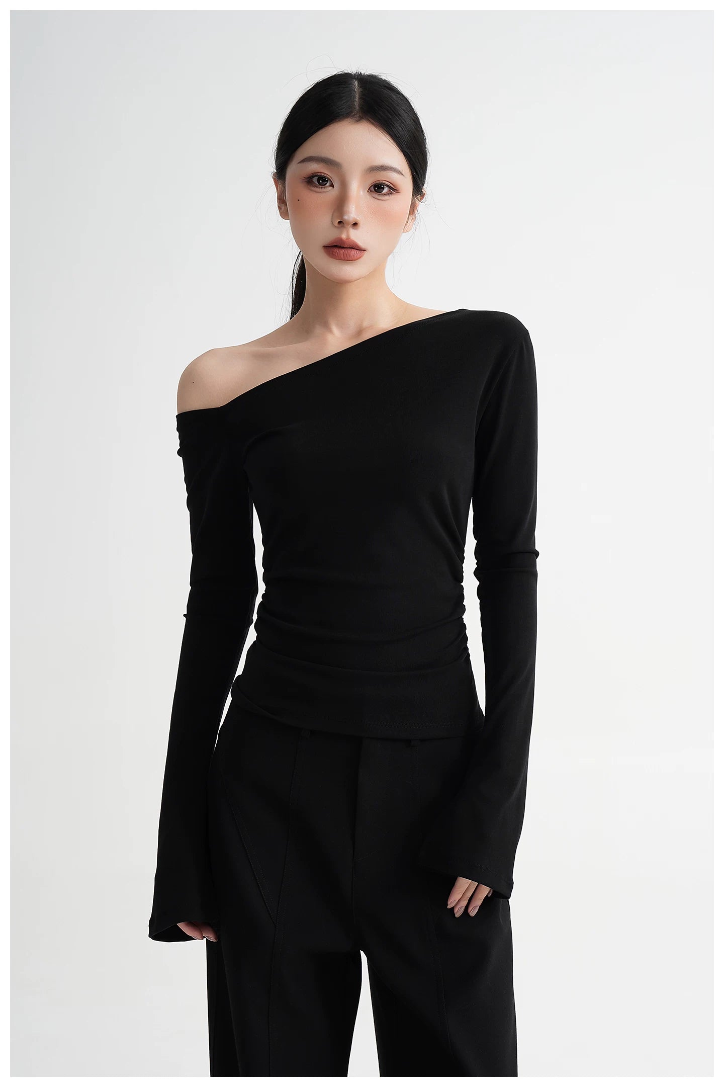 One-Shoulder Lyocell Flared Sleeve Fitted T-Shirt